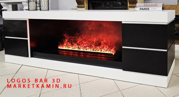 Логос Камин-бар с дверкам (белый/чёрный) открытые очаги на выбор с 3D эффектом живого пламени и увлажнением воздуха. Габариты (ШxВxГ): 2200х750х500 мм