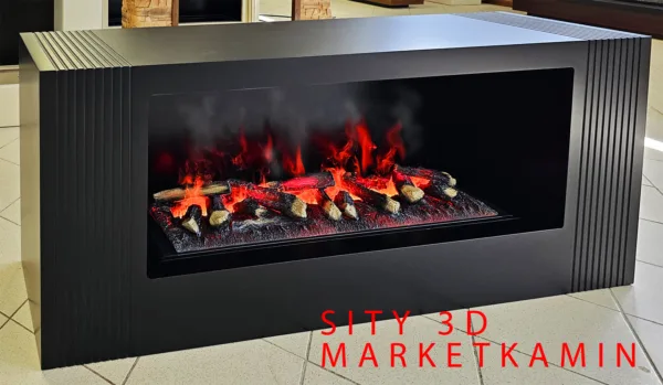 Сити 160 с фрезеровками (чёрная эмаль) Открытая очаг с 3D живым пламенем и увлажнением воздуха. Габариты (ШхВхГ) 1600×700х350 мм