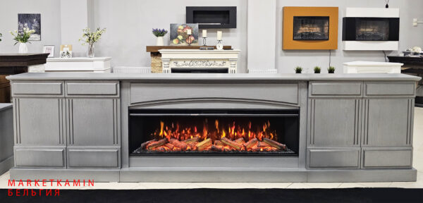 Бельгия сверхширокий (340 см. Серебряный дуб) Камин-бар, ТВ-тумба. Очаг 60" Габариты (ШxВxГ) 3400x1000x300 мм